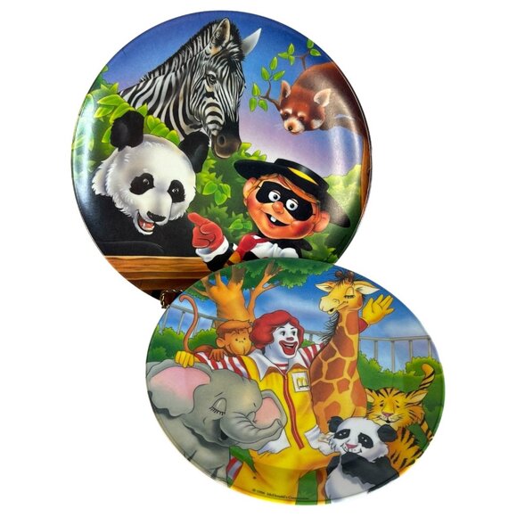 2 Vintage 1996 McDonalds Day At the Zoo Plates Ronald Hamburglar Animal Melamine - Picture 1 of 5